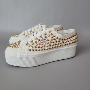 Superga Sneakers Gold Studded Platform Canvas White 2790 Studs Shoes Size 6.5